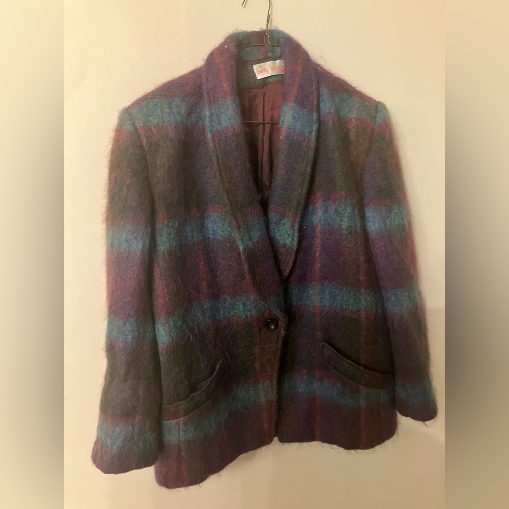 Betty Hanson blue plaid fluffy blazer